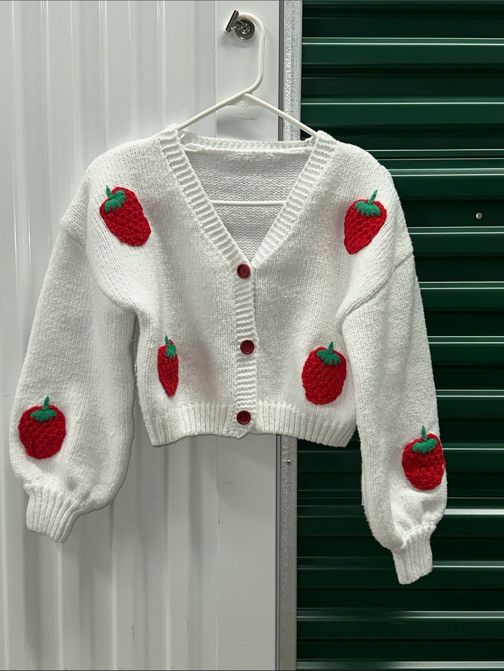 White V-Neck Cardigan with Red Strawberry Appliqués